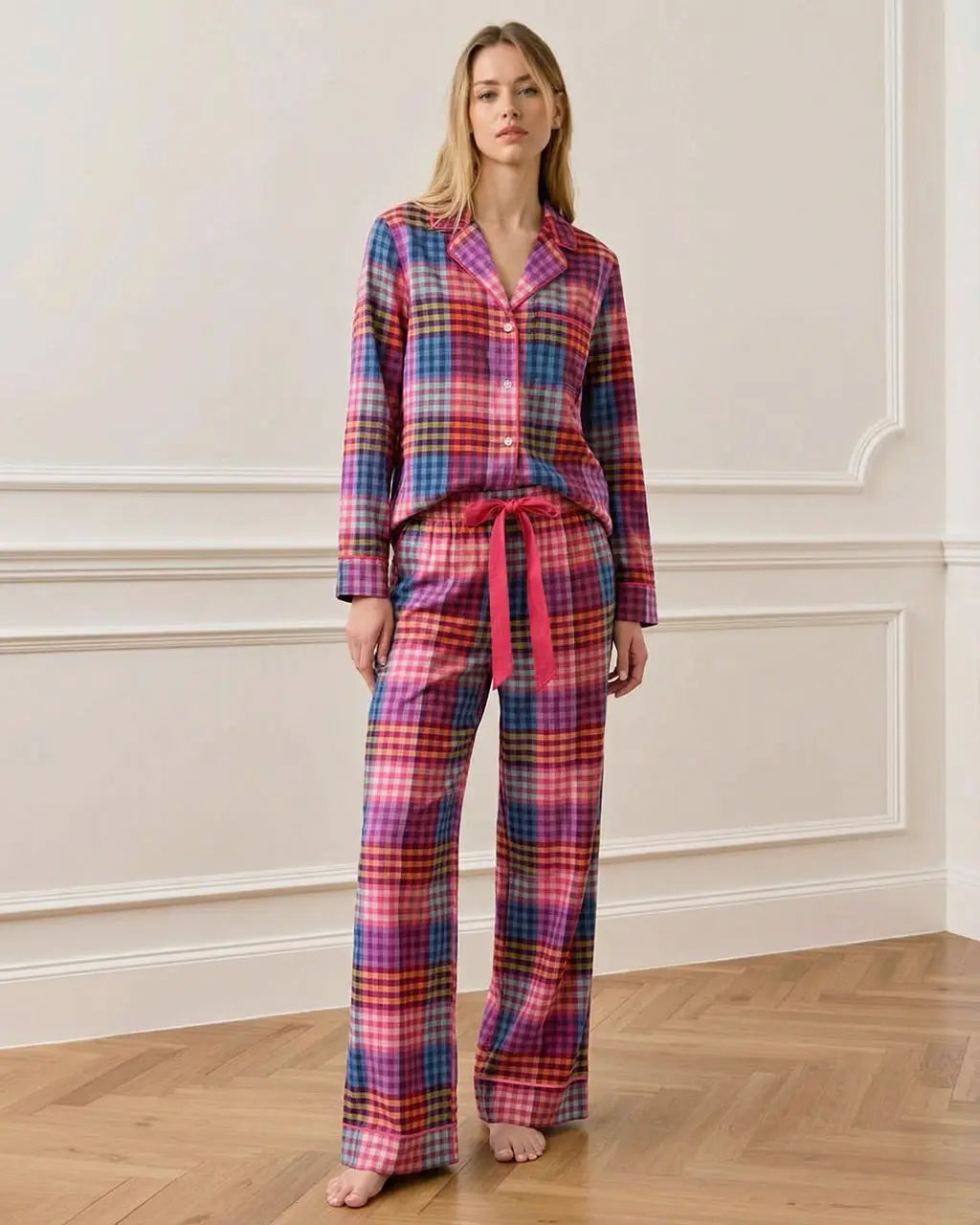 SOLACE CHICRainbow Plaid Print Pajama Set