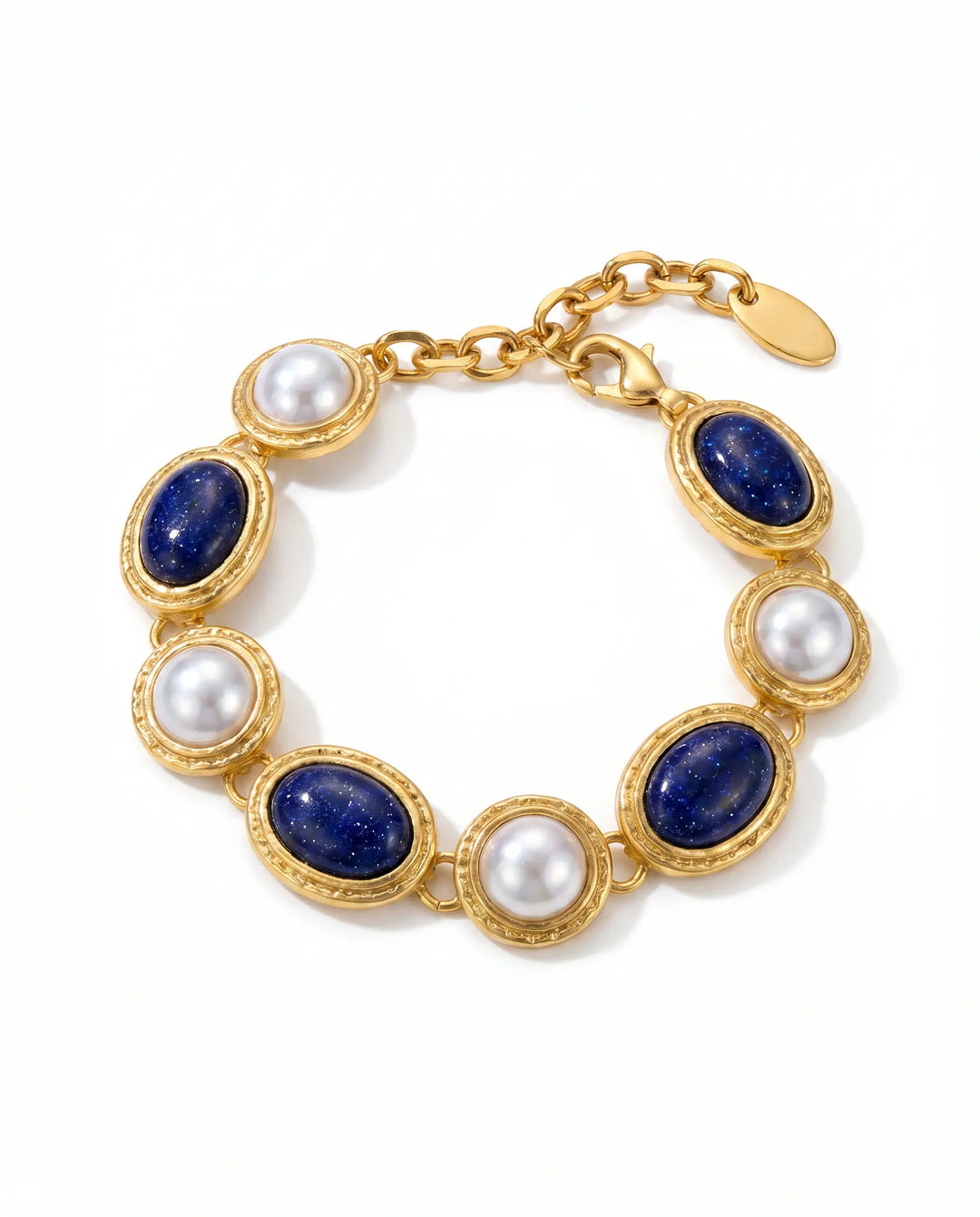 SOLACE  Gold Tone Lapis Lazuli Faux Pearl Alternating Alloy Bracelet 