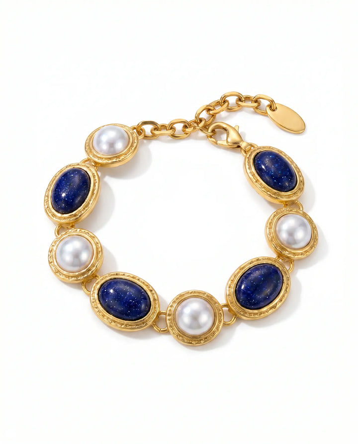 SOLACE  Gold Tone Lapis Lazuli Faux Pearl Alternating Alloy Bracelet 