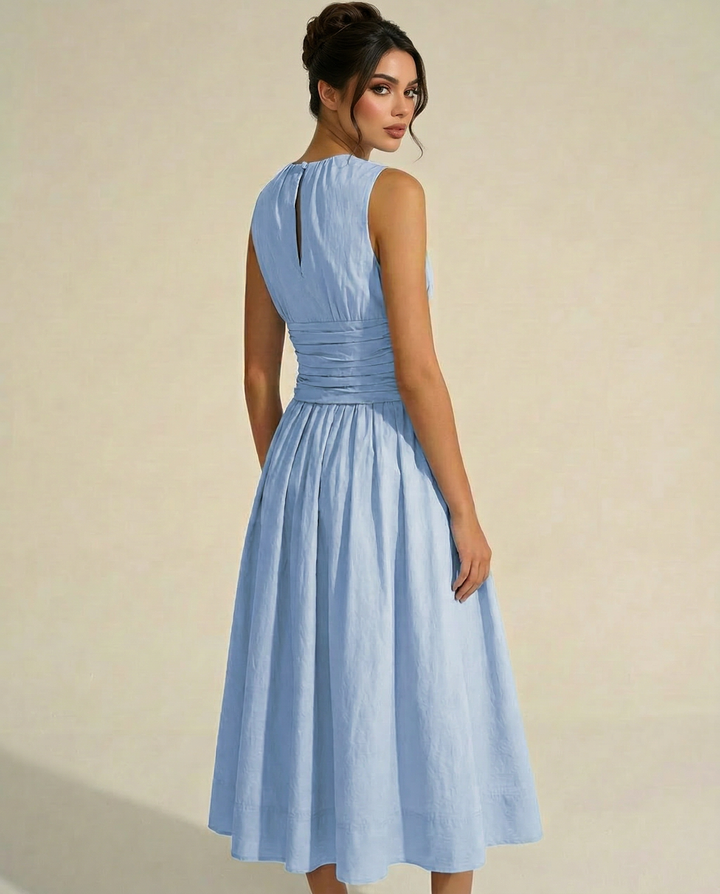 SOLACE  Sky Blue Pleated Bodice Cotton Blend Fitted Waist Midi Dress 