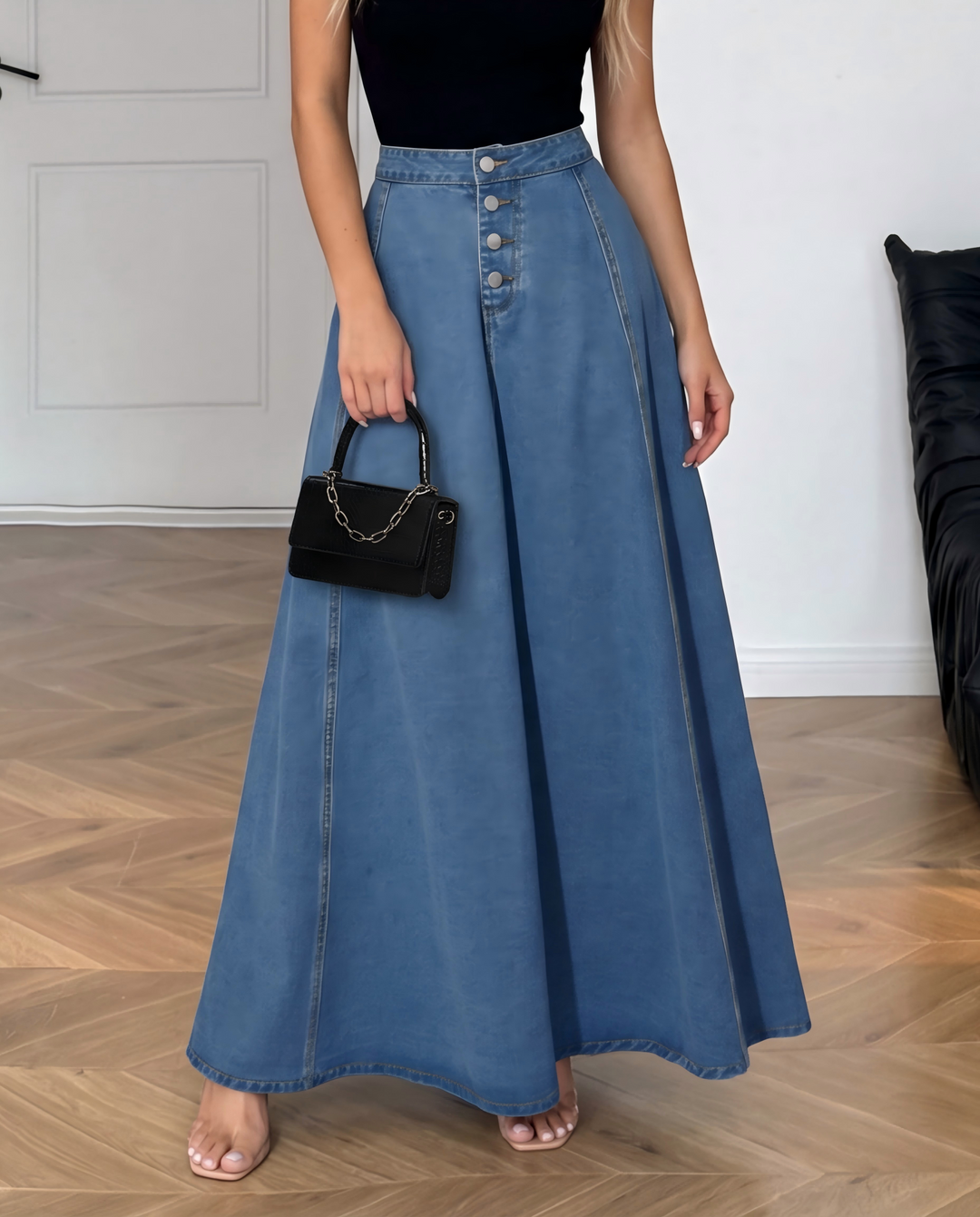 SOLACEHigh Waist Button Flared Maxi Denim Skirt