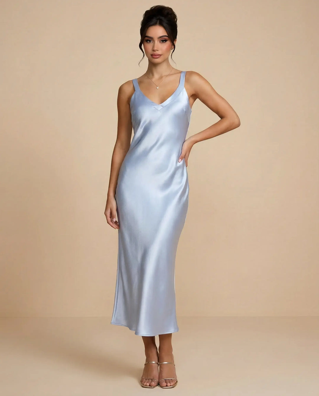 SOLACE  Light Blue Satin Fabric Slim Fit Midi Slip Dress 