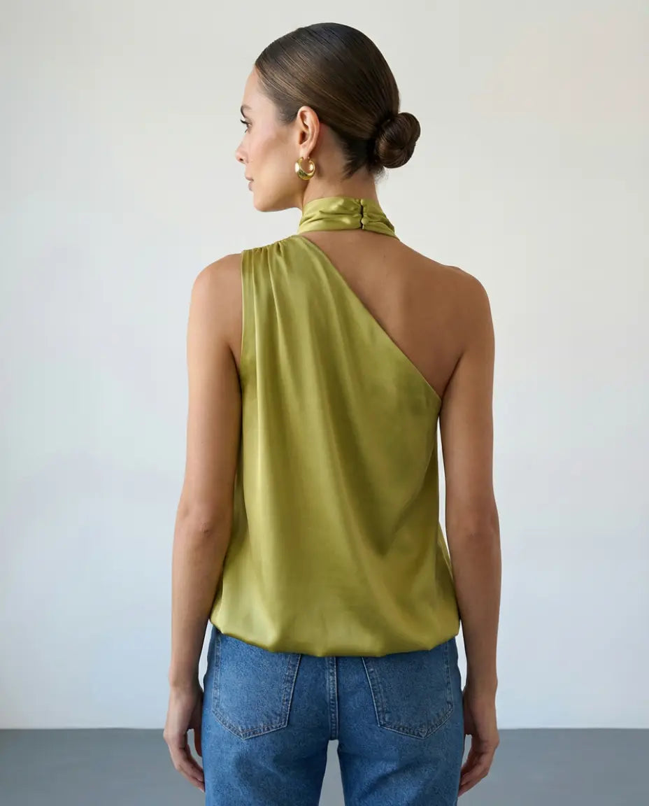 SOLACE  Olive Green Satin Asymmetric Halter Neck Tie Top 