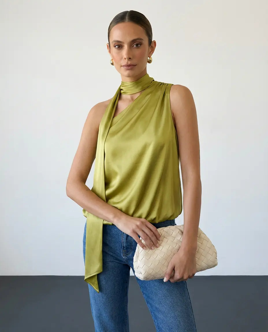 SOLACE  Olive Green Satin Asymmetric Halter Neck Tie Top 
