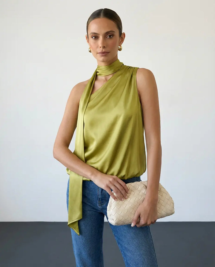 SOLACE  Olive Green Satin Asymmetric Halter Neck Tie Top 