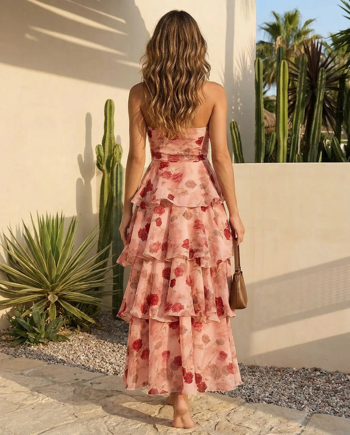 SOLACE  Floral Print Strapless Backless Tiered Ruffle Maxi Dress 