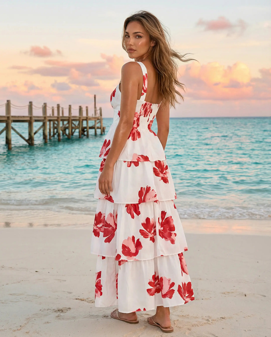 SOLACE  White Red Floral Tiered Ruffle Slim Fit Maxi Dress 