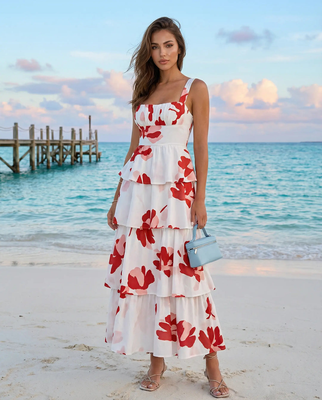 SOLACE  White Red Floral Tiered Ruffle Slim Fit Maxi Dress 