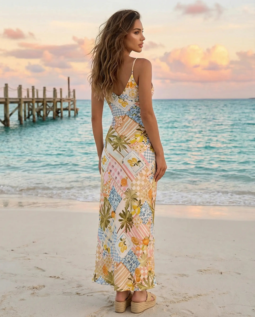 SOLACE  Tropical Patchwork Print Spaghetti Strap Maxi Dress 