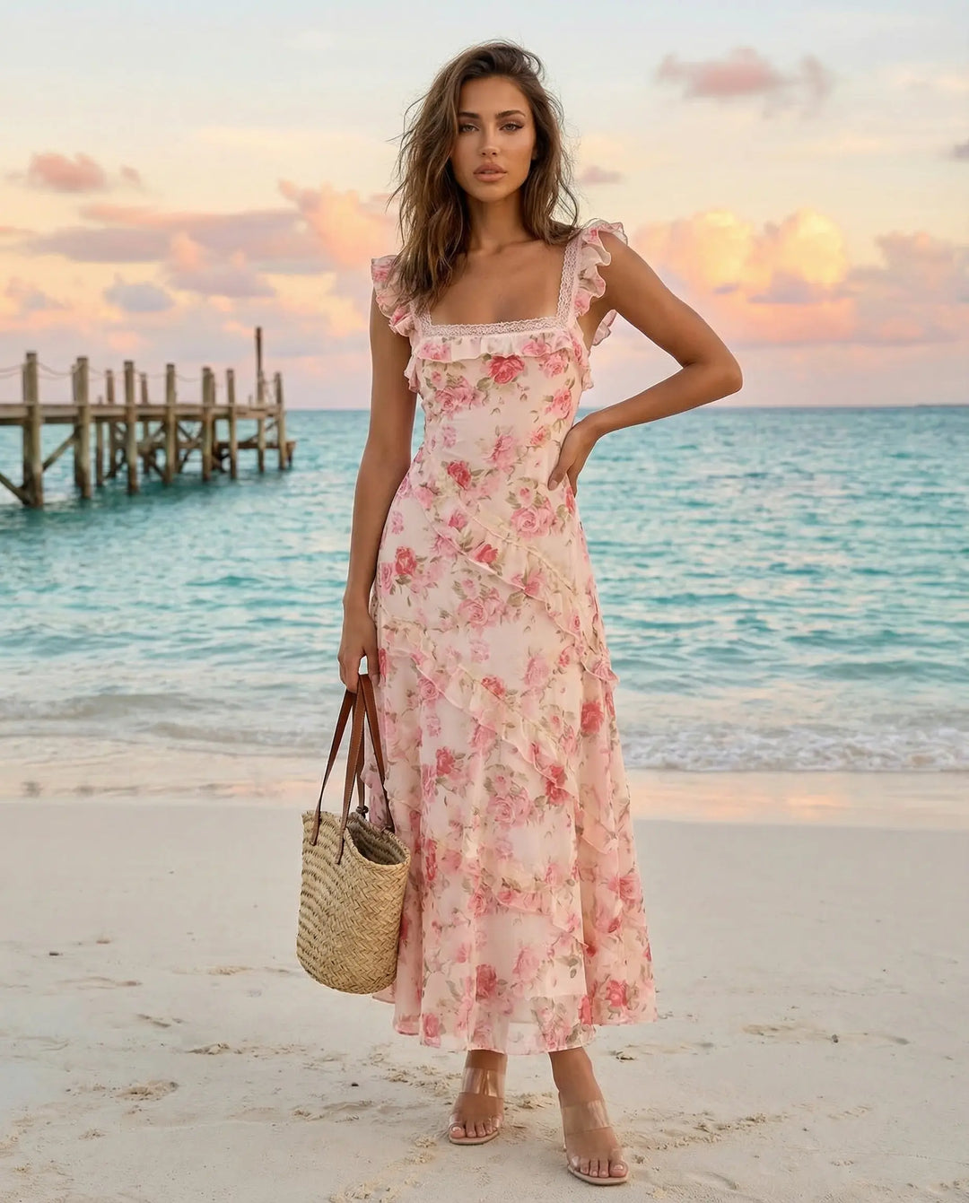 SOLACE  Pink Rose Print Ruffle Strap Chiffon Midi Dress 
