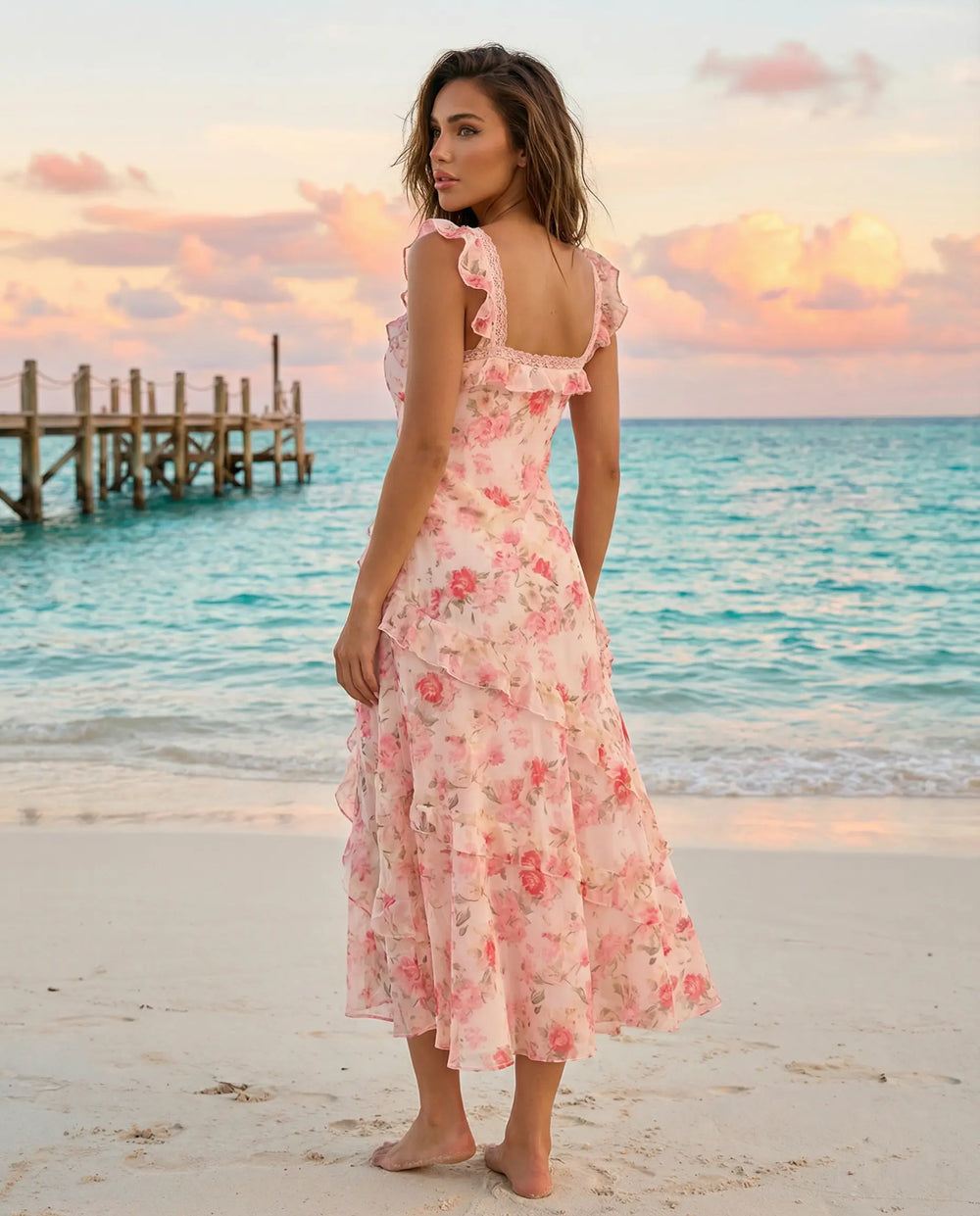 SOLACE  Pink Rose Print Ruffle Strap Chiffon Midi Dress 