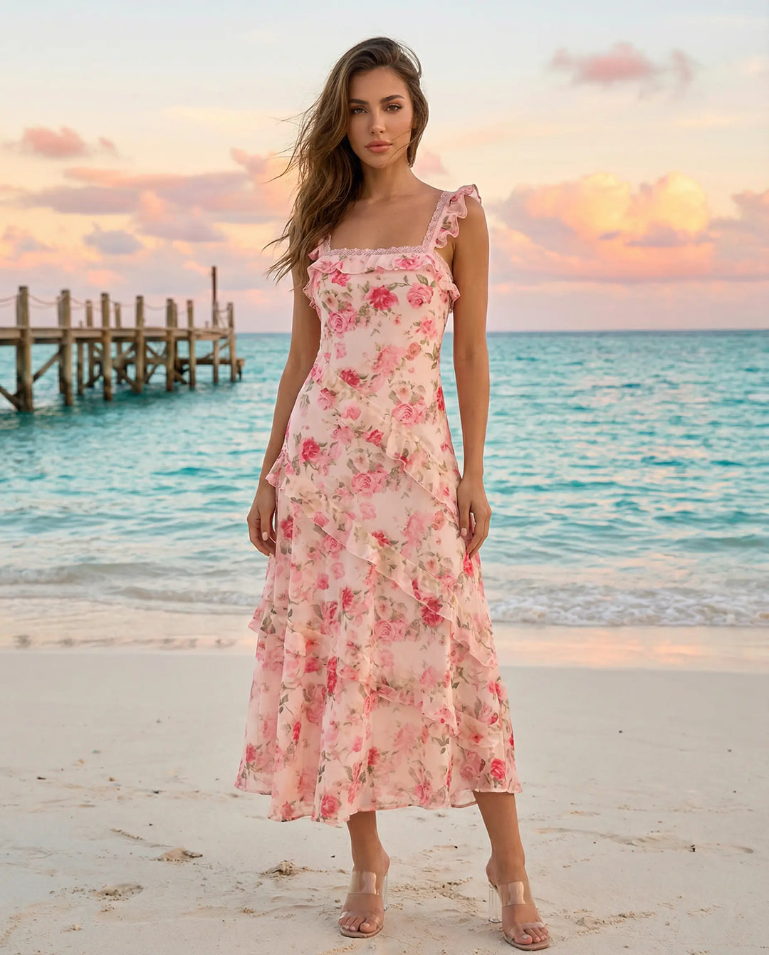SOLACE  Pink Rose Print Ruffle Strap Chiffon Midi Dress 