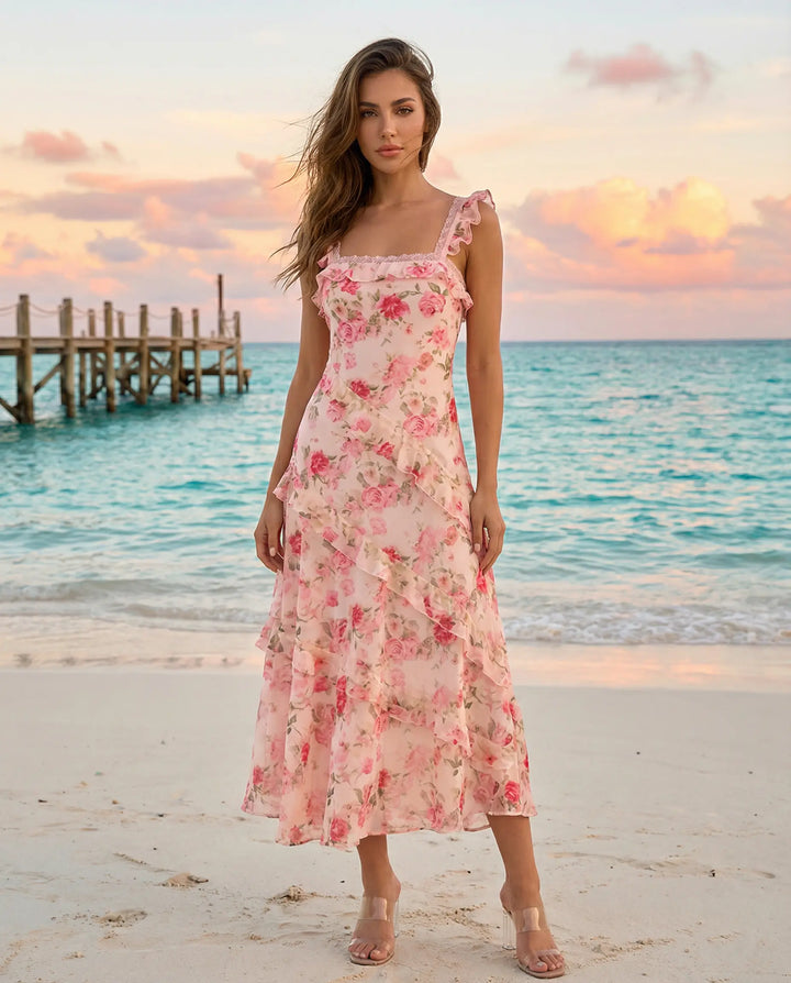 SOLACE  Pink Rose Print Ruffle Strap Chiffon Midi Dress 