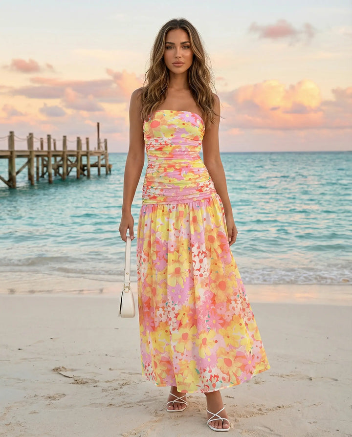SOLACE  Strapless Floral Print Ruched Bodice Maxi Dress 