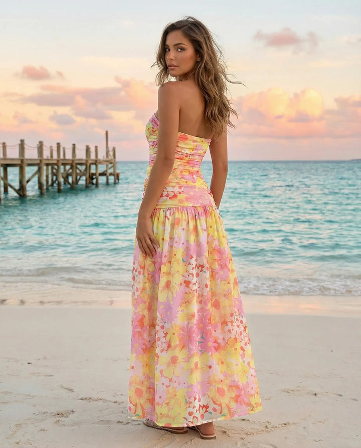 SOLACE  Strapless Floral Print Ruched Bodice Maxi Dress 