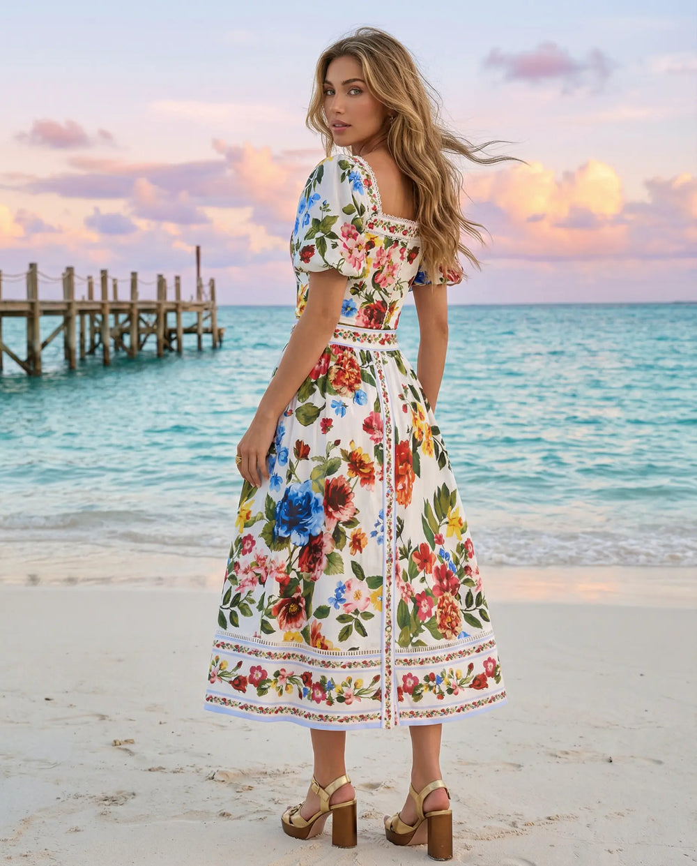 SOLACE  Colorful Floral Print Puff Sleeve Crop Top Midi Skirt Set 