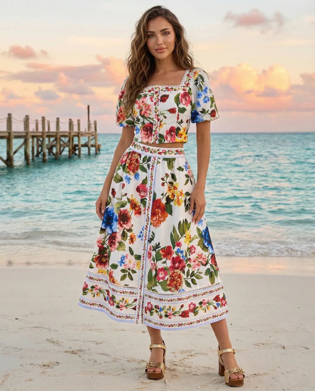 SOLACE  Colorful Floral Print Puff Sleeve Crop Top Midi Skirt Set 
