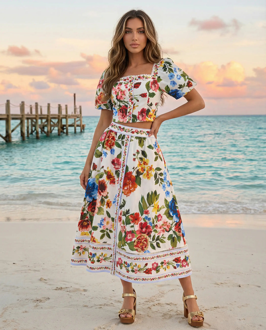 SOLACE  Colorful Floral Print Puff Sleeve Crop Top Midi Skirt Set 