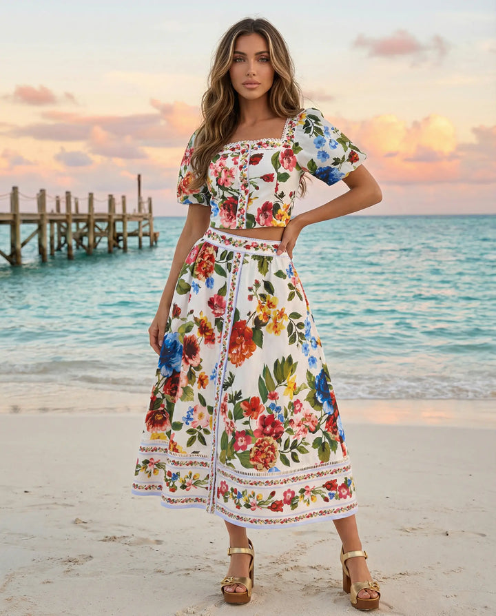 SOLACE  Colorful Floral Print Puff Sleeve Crop Top Midi Skirt Set 