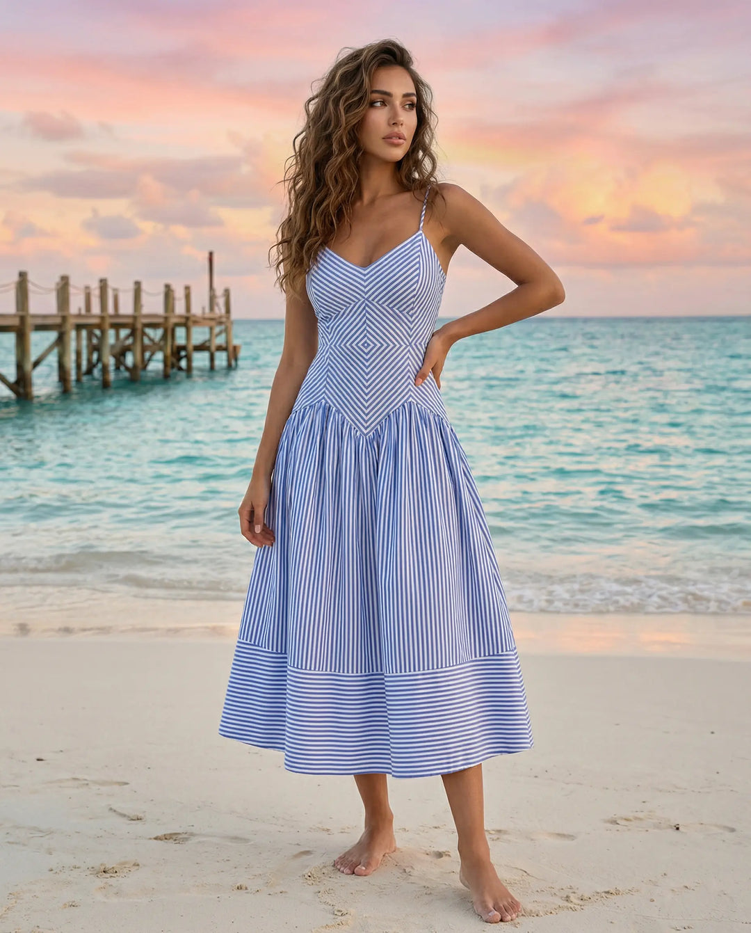 SOLACE  Blue Beach Stripe Slim Fit Midi Dress 