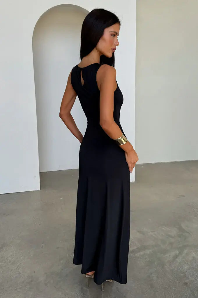 SOLACE  Black Ruched Waist Sleeveless Bodycon Maxi Dress 