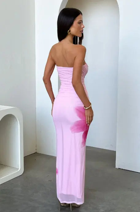 SOLACE  Pink Floral Print Strapless Twisted Mesh Maxi Dress 