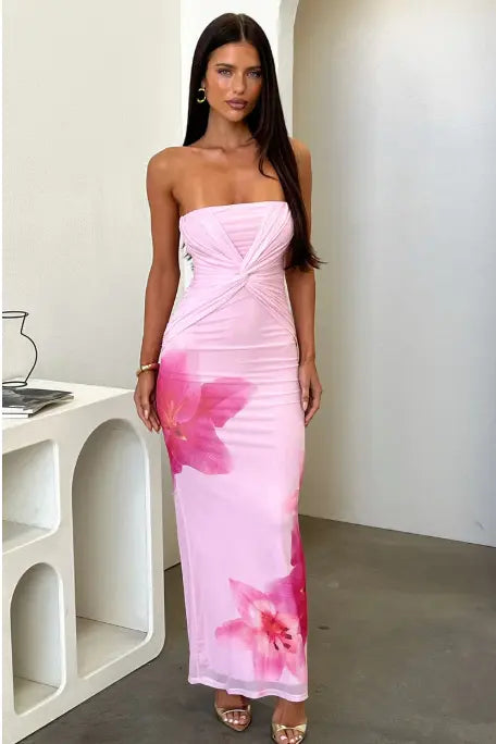SOLACE  Pink Floral Print Strapless Twisted Mesh Maxi Dress 