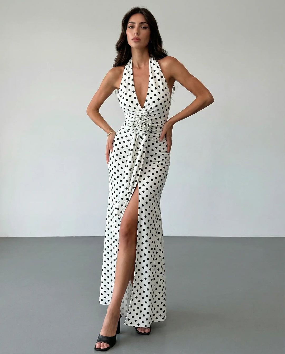 SOLACE  White Polka Dot Halter Neck High Slit Maxi Dress 