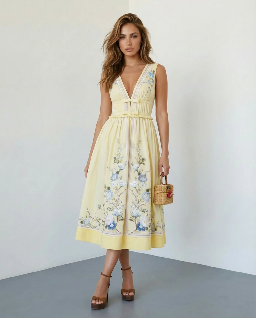 SOLACE  Yellow Floral Embroidery V-Neck Midi Dress 