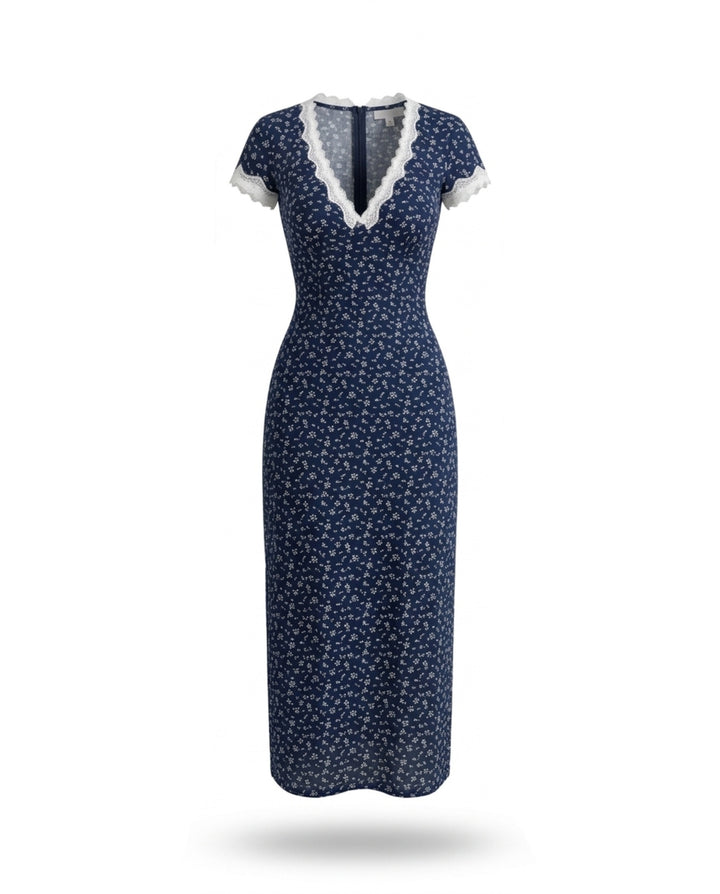 Navy Blue Floral Lace Trim Midi Dress