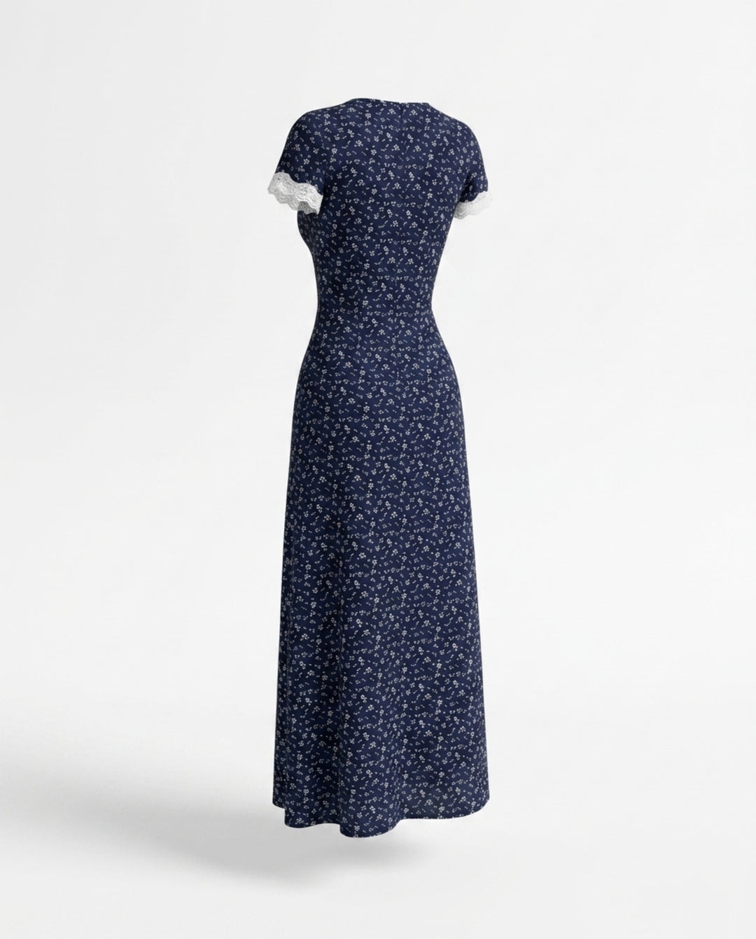 Navy Blue Floral Lace Trim Midi Dress
