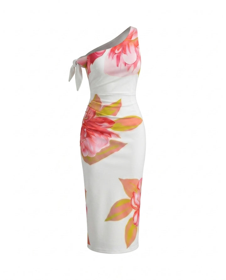 White Floral Print One-Shoulder Bodycon Maxi Dress