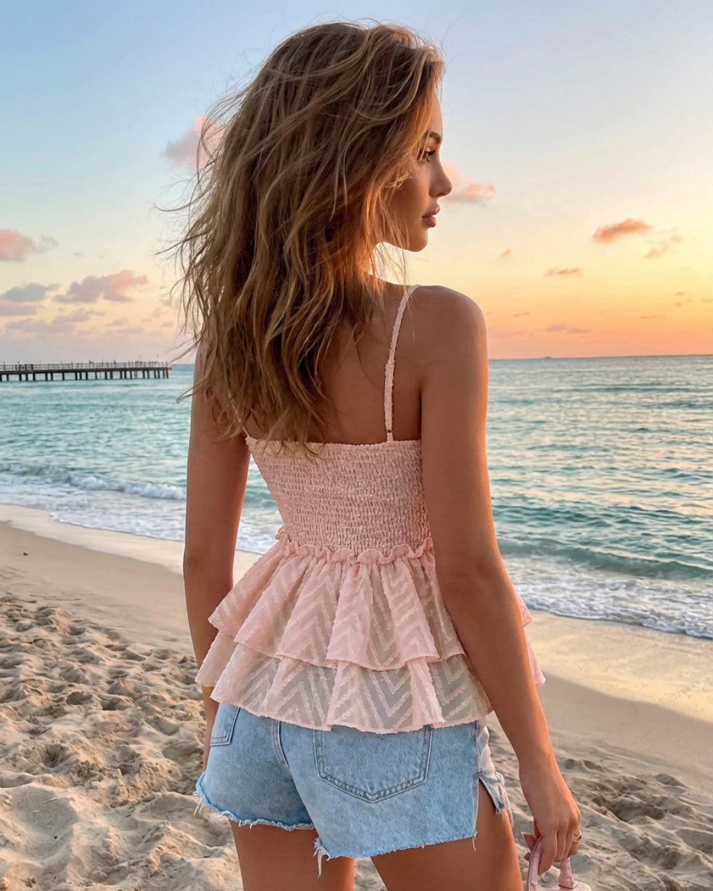 Pink Smocked Peplum Chevron Textured  Crop Top