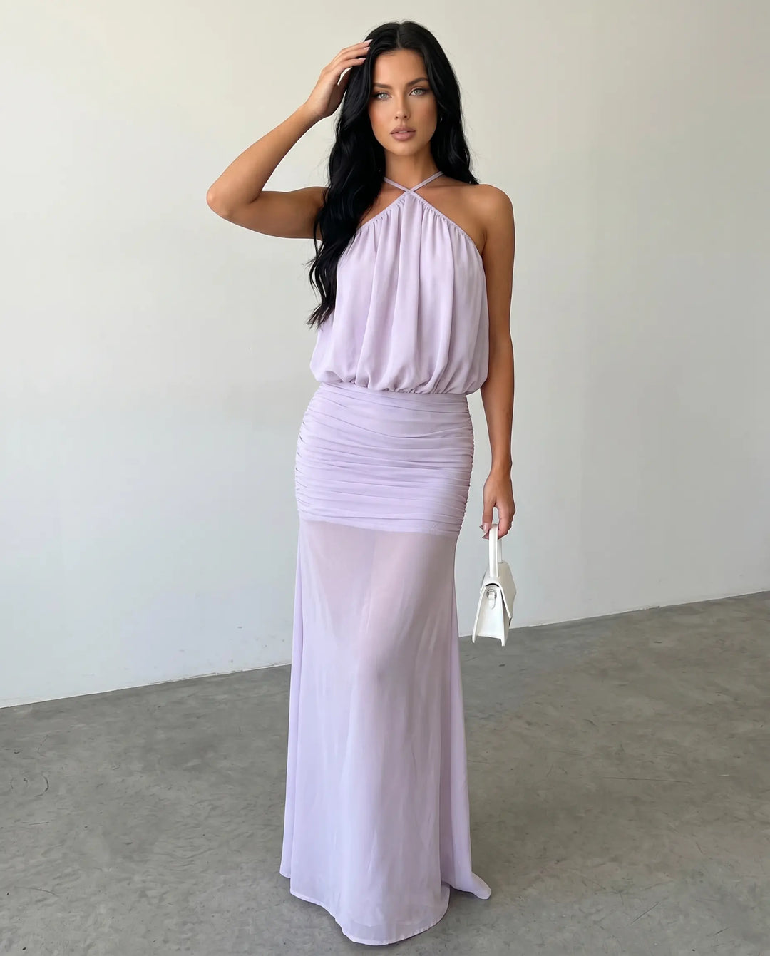 SOLACE  Lavender Flowy Chiffon Slim Fit Maxi Dress 
