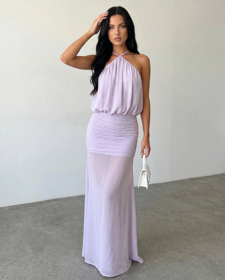 SOLACE  Lavender Flowy Chiffon Slim Fit Maxi Dress 
