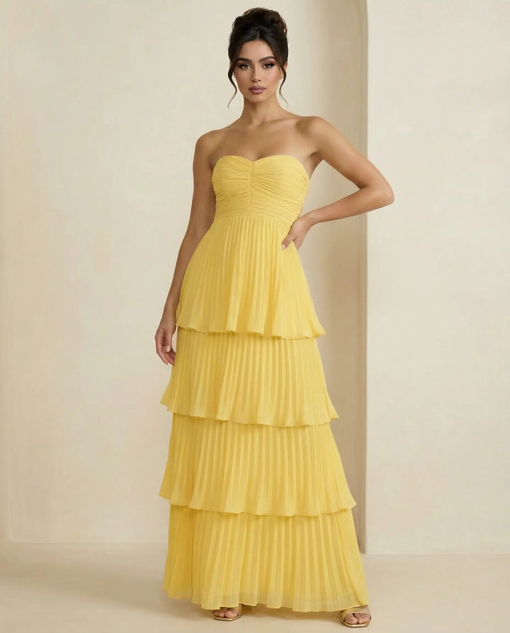 SOLACE  Yellow Tiered Pleated Chiffon Fitted Bodice Maxi Dress 