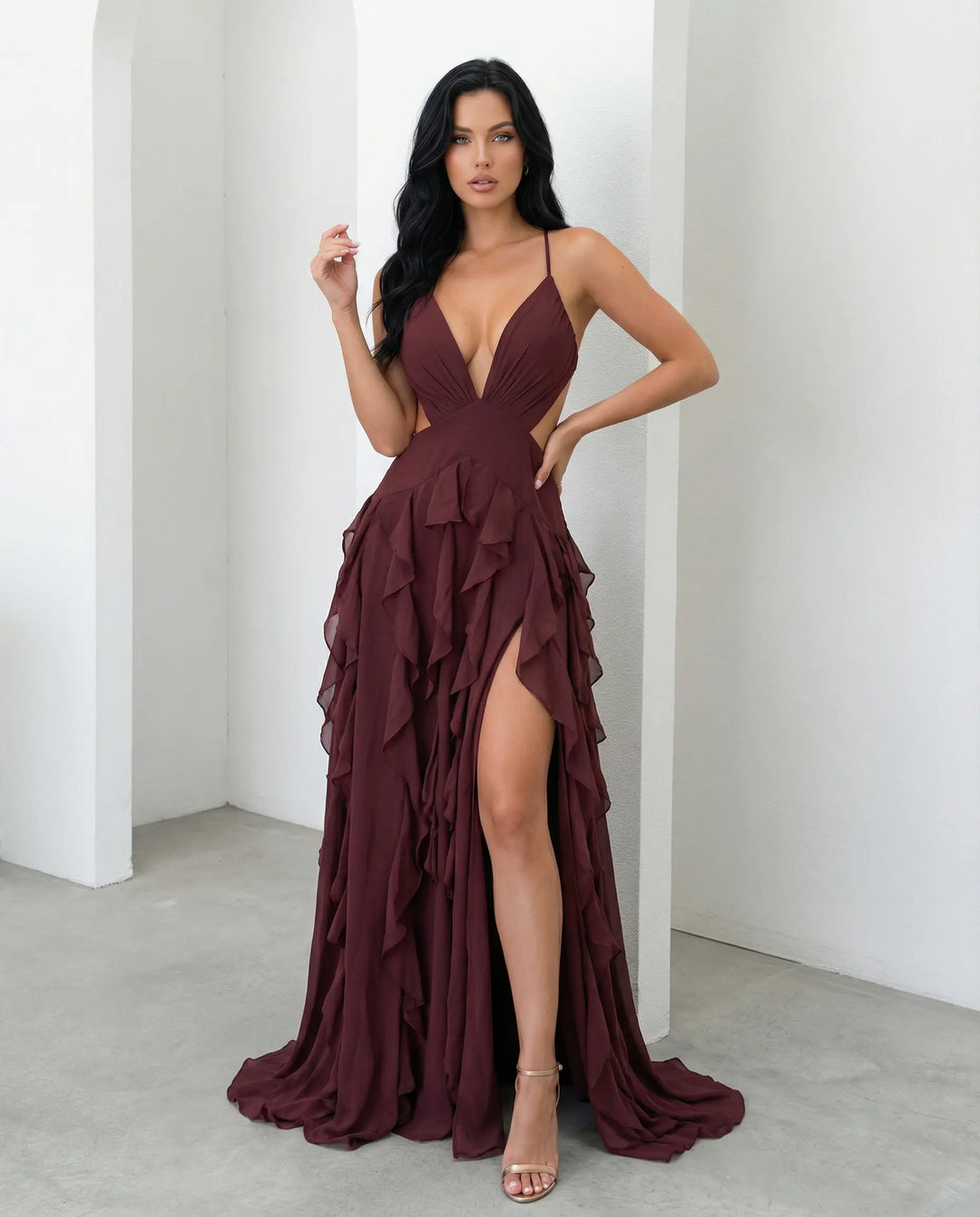 SOLACE  Burgundy Deep V Spaghetti Strap Cutout Ruffle High Slit Chiffon Maxi Dress 
