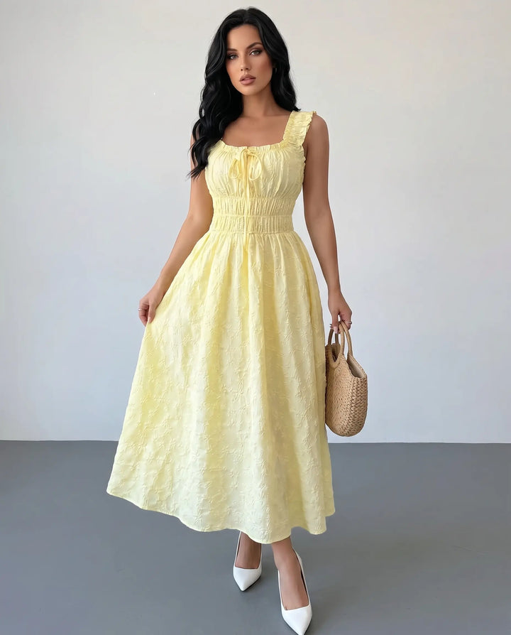SOLACE  Yellow Textured Ruffle Strap Maxi Dress 