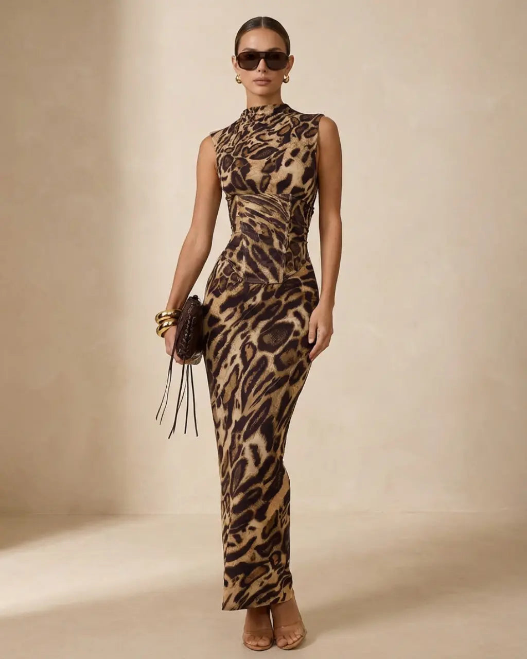 Leopard Print High Neck Sleeveless Corset Waist Maxi Dress SOLACE