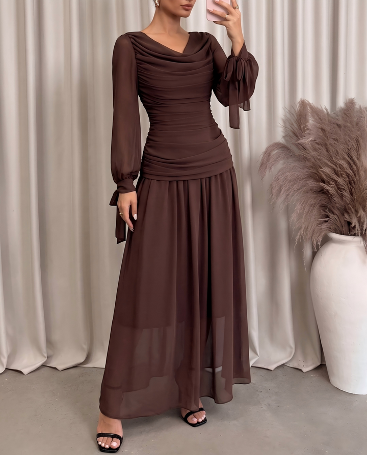 Brown Cowl Neck Tie‑Cuff Chiffon Maxi Dress