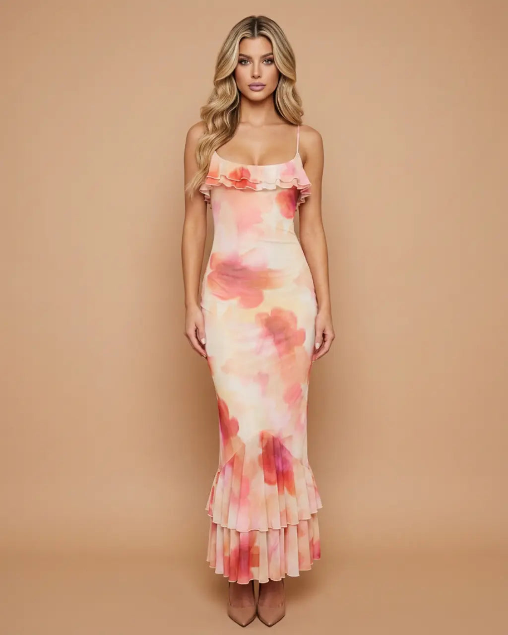 Pink Floral Tie-Dye Ruffle Spaghetti Strap Mermaid Maxi Dress SOLACE