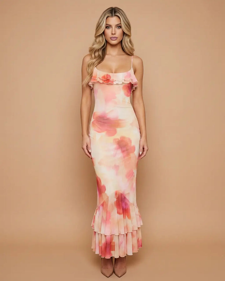 Pink Floral Tie-Dye Ruffle Spaghetti Strap Mermaid Maxi Dress SOLACE