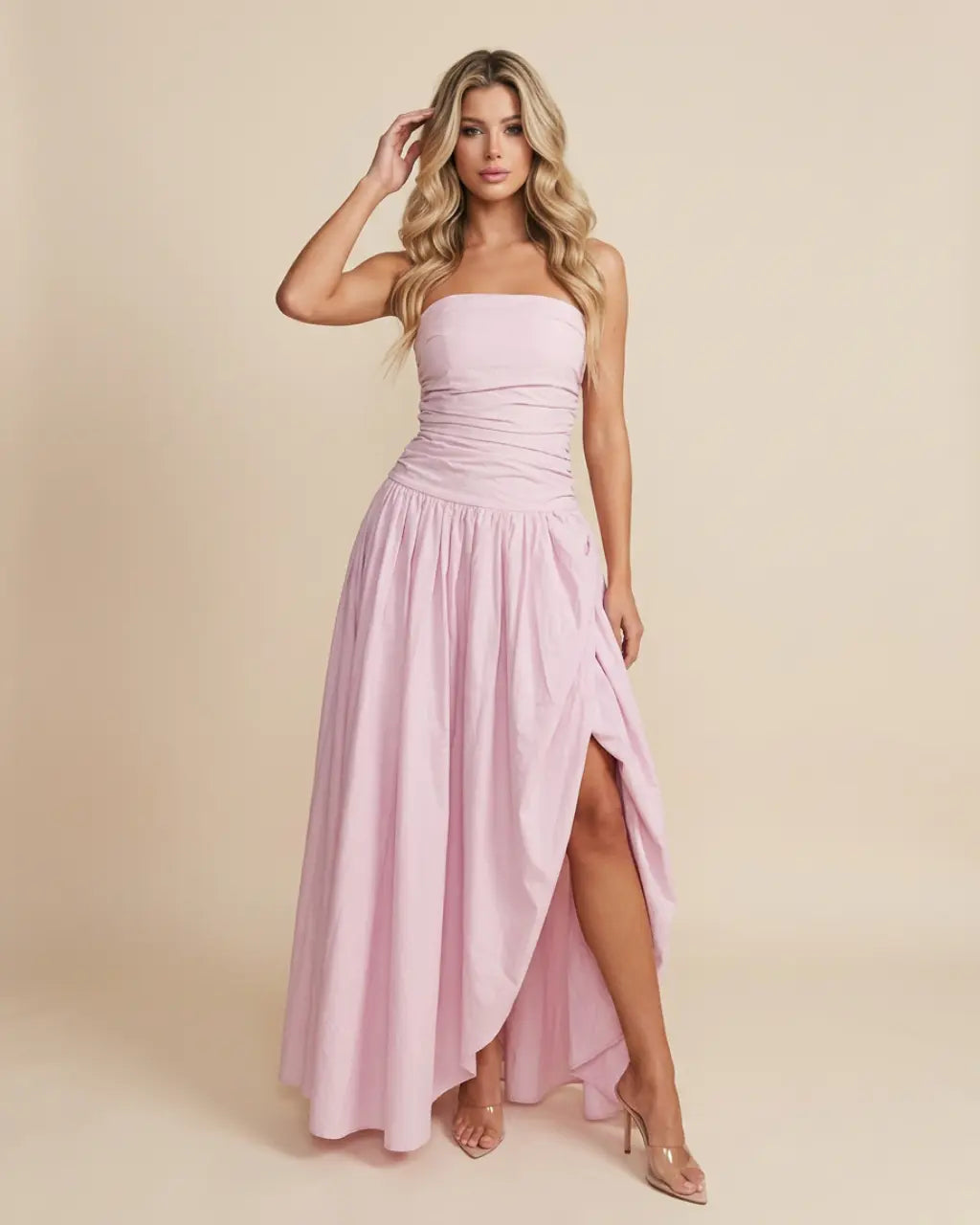 Pink Strapless Ruched High Slit Maxi Dress SOLACE