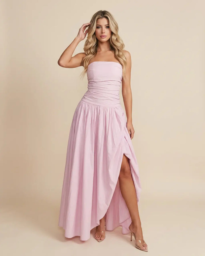 Pink Strapless Ruched High Slit Maxi Dress SOLACE