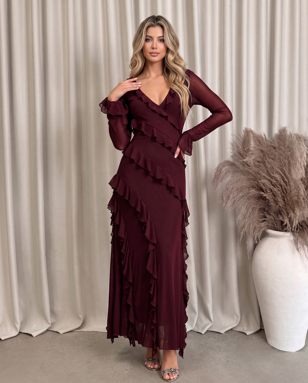 Burgundy Diagonal Ruffle Mesh Maxi Dress
