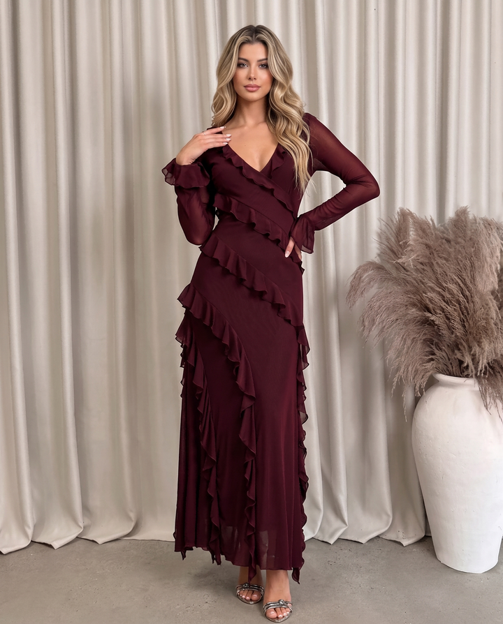 Burgundy Diagonal Ruffle Mesh Maxi Dress