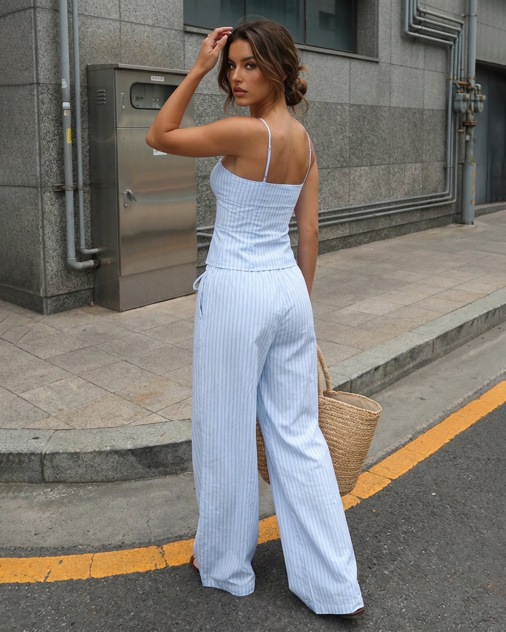 SOLACE  Light Blue White Striped Square Neck Cami Crop Top Wide Leg Pants Set 