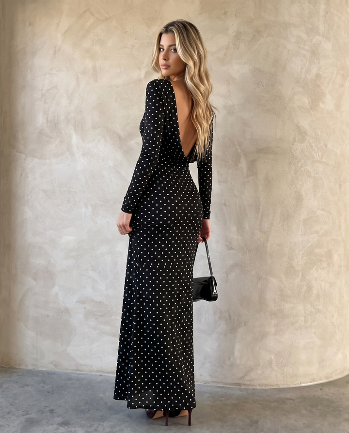 Polka Dot Deep Back Long Sleeve Mermaid Maxi Dress