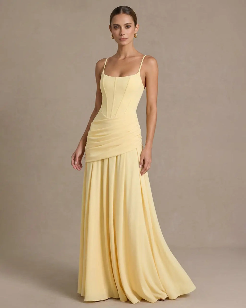 Yellow Spaghetti Strap Corset Ruched High Slit Maxi Dress SOLACE