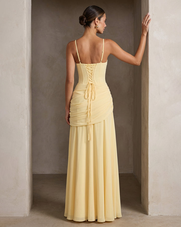 Elegant Square Neck Corset Back Lace Up Maxi Dress